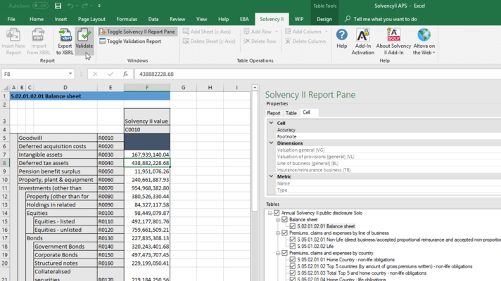 Screenshot of Altova Solvency II XBRL add-in for Excel