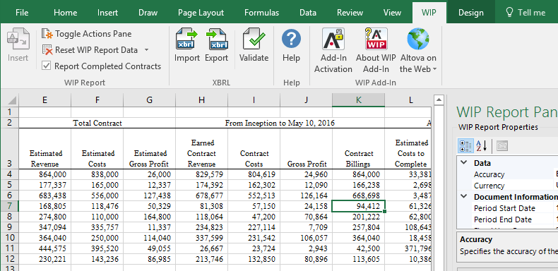 Captura de tela do Altova Work in Process (WIP) XBRL add-in for Excel