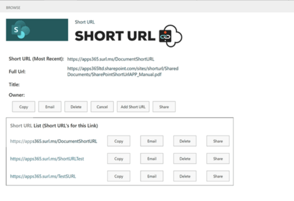 Captura de tela do SharePoint ShortUrl