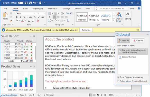 Schermata di BCGControlBar Library Professional Edition MFC