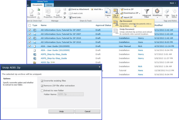 Screenshot of SharePoint Bulk Zip &amp; Unzip