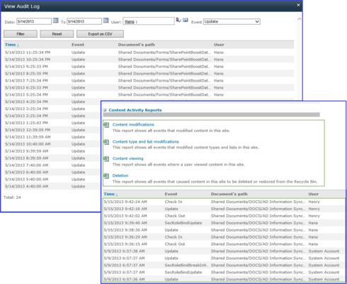 Screenshot of SharePoint Item Audit Log