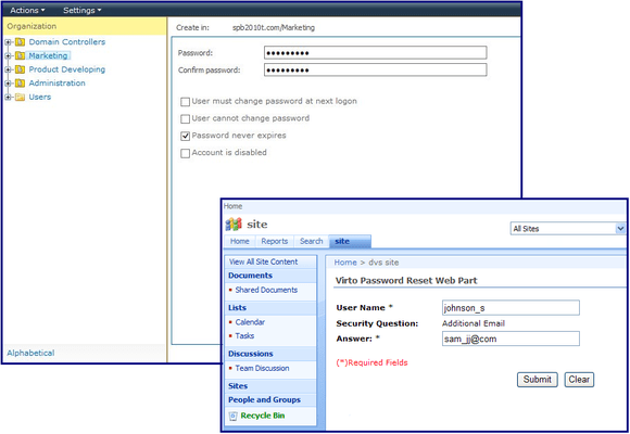 Screenshot of SharePoint Password Reset