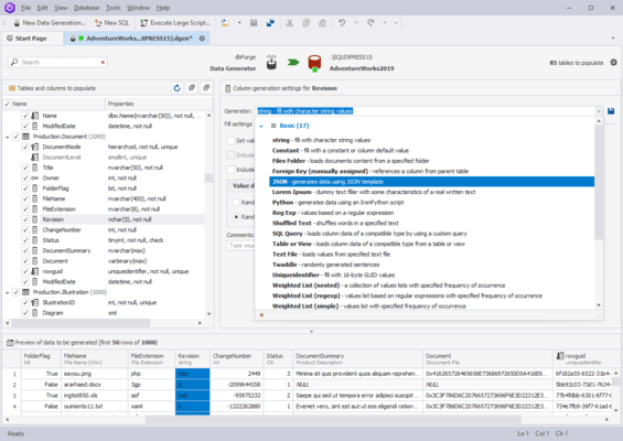 Captura de tela do dbForge Data Generator for SQL Server