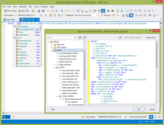 Captura de tela do dbForge Query Builder for SQL Server
