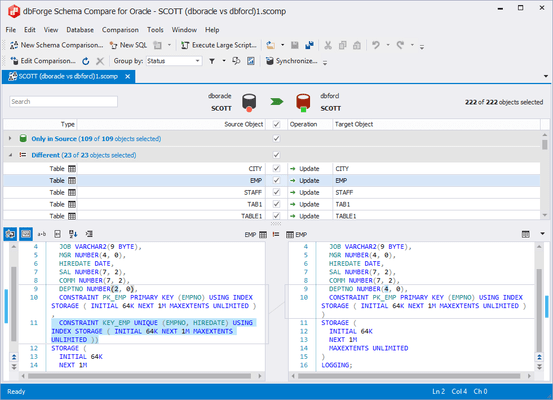 Captura de pantalla de dbForge Schema Compare for Oracle
