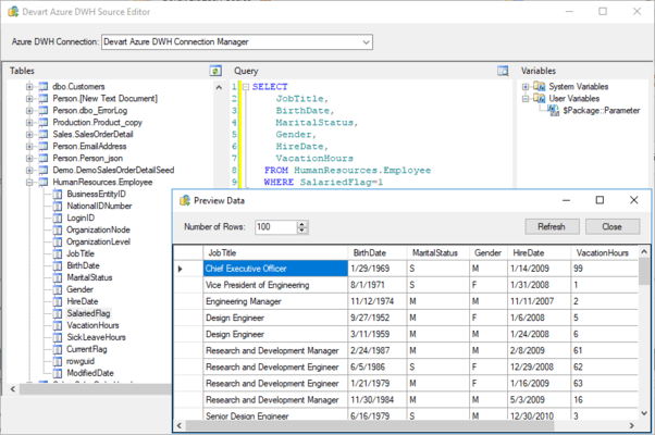 Screenshot of Devart SSIS Data Flow Components for Azure SQL Data Warehouse