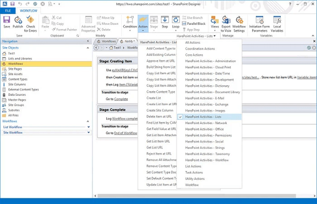 Captura de tela do HarePoint Workflow Extensions for Office 365