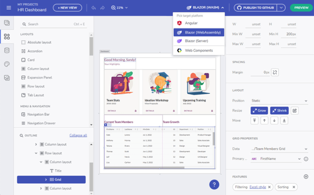 Captura de tela do Infragistics App Builder