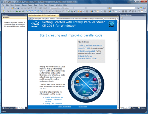 Screenshot of Intel Parallel Studio XE Composer Edition for Fortran and C++ Windows