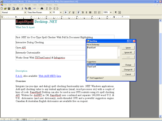 RapidSpell Desktop .NET Dictionaries 的螢幕截圖