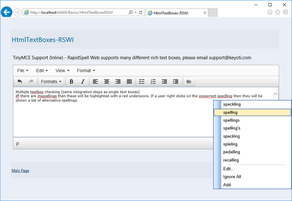 Captura de tela do RapidSpell Web ASP.NET Dictionaries