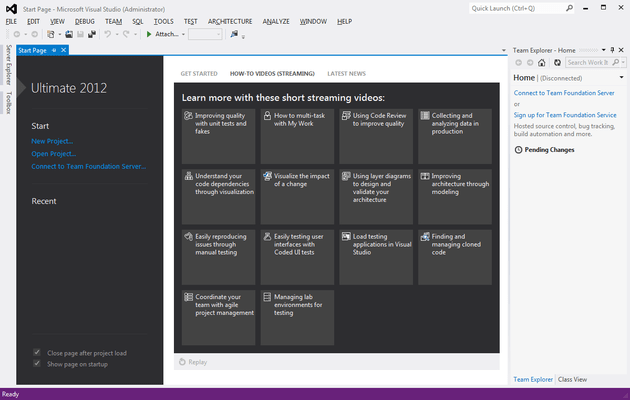 Schermata di Microsoft Visual Studio 2013 Ultimate