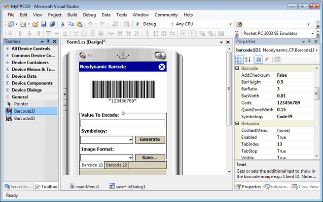 Captura de tela do Neodynamic Barcode Professional for .NET Compact Framework