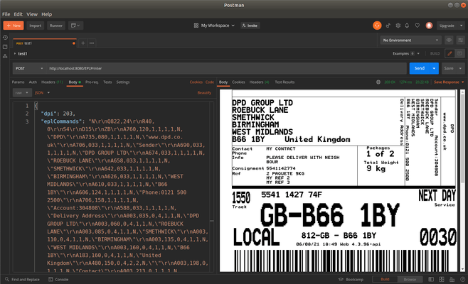 Screenshot of Neodynamic EPLPrinter Web API for Docker