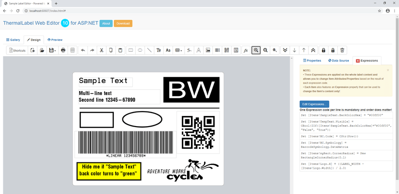 Screenshot of Neodynamic ThermalLabel Web Editor Add-on for ASP.NET