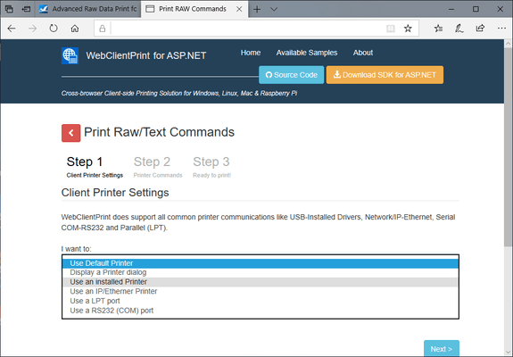 Captura de tela do Neodynamic WebClientPrint for ASP.NET