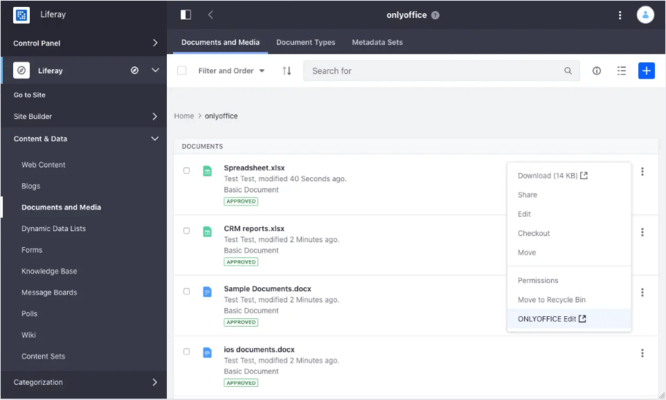 Captura de tela do ONLYOFFICE Docs Enterprise Edition with Liferay Connector