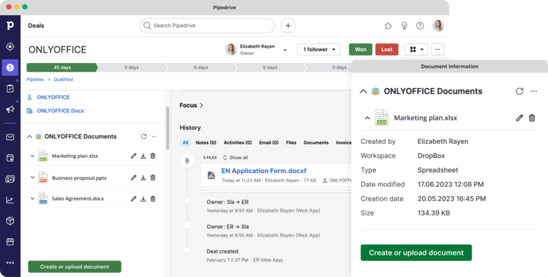 Screenshot of ONLYOFFICE Docs Enterprise Edition with Pipedrive Connector