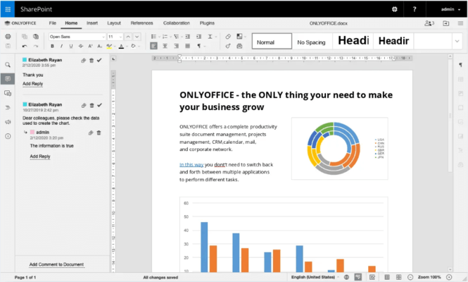 Screenshot of ONLYOFFICE Docs Enterprise Edition with SharePoint Connector