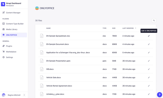Captura de tela do ONLYOFFICE Docs Enterprise Edition with Strapi Connector