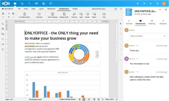 Screenshot of ONLYOFFICE Docs Enterprise Edition with Nextcloud Connector