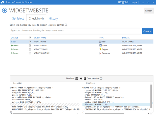 Schermata di Source Control for Oracle