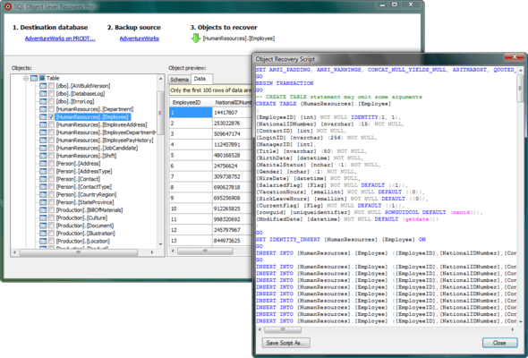 Screenshot von SQL Object Level Recovery Native