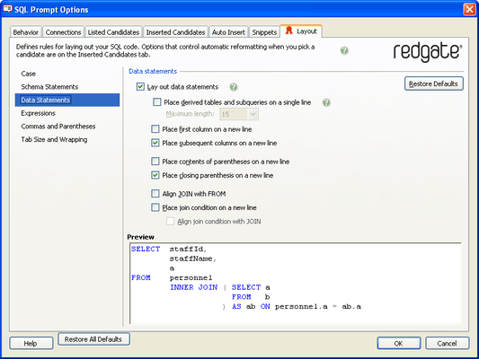 Screenshot of SQL Prompt Standard