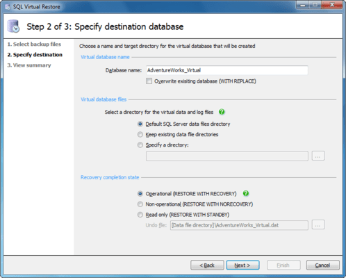 Capture d'écran de SQL Virtual Restore