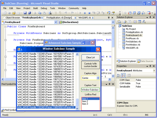 Captura de tela do .Net Subclass and Hook Objects