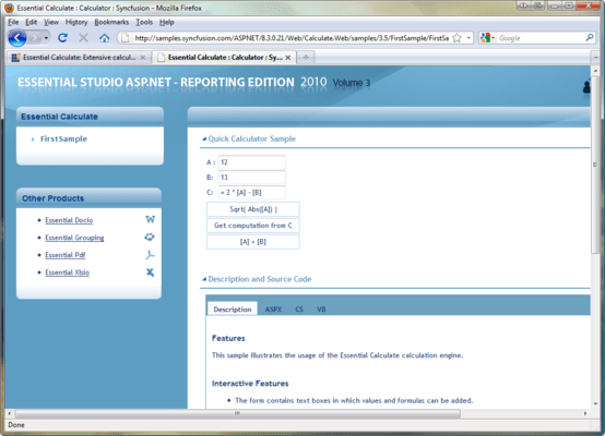 Syncfusion Essential Calculate for ASP.NET （英語版） のスクリーンショット