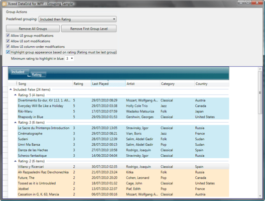 Captura de tela do Xceed DataGrid for WPF Standard