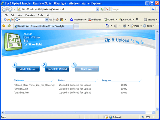 Screenshot of Xceed Real-Time Zip for Silverlight