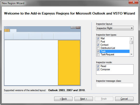 <strong>You can bind your regions to various Outlook contexts.</strong><br /><br />