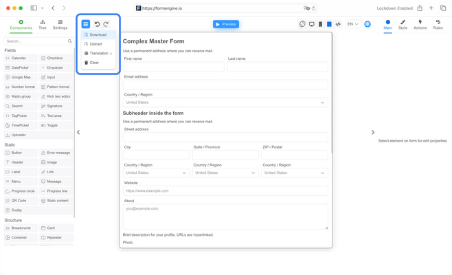 Easily download or upload form JSON configurations.