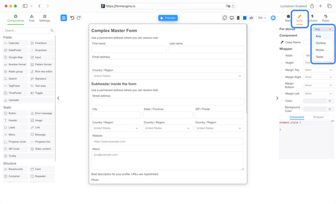 Preview and adjust form styles for different devices.