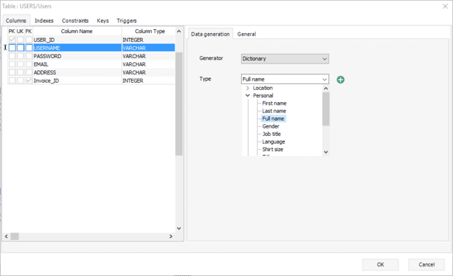 Choose from multiple built-in generators to assign a data generator template for each column.