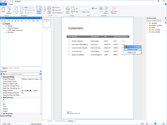 Customer list with interactive drilldown function
