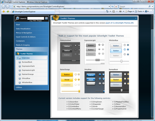 Built-in support for the most popular Microsoft Toolkit themes in ComponentOne Studio for Silverlight