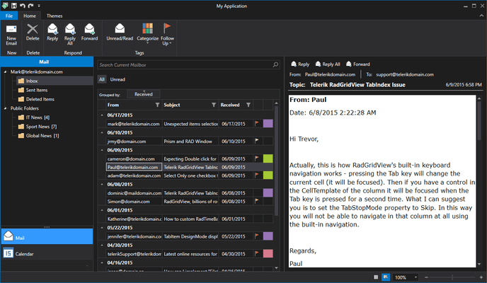 Telerik UI for WPF - Outlook Style - Dark Theme