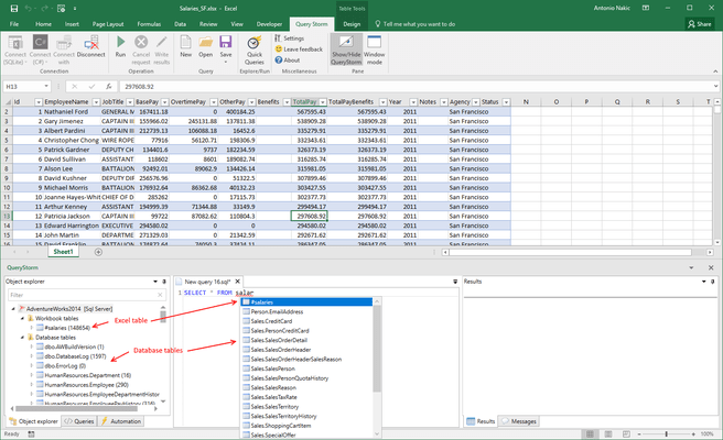 Querying Excel tables alongside permanent database tables.