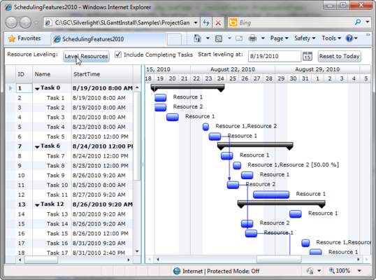 RadiantQ Silverlight Gantt（英語版） のスクリーンショット