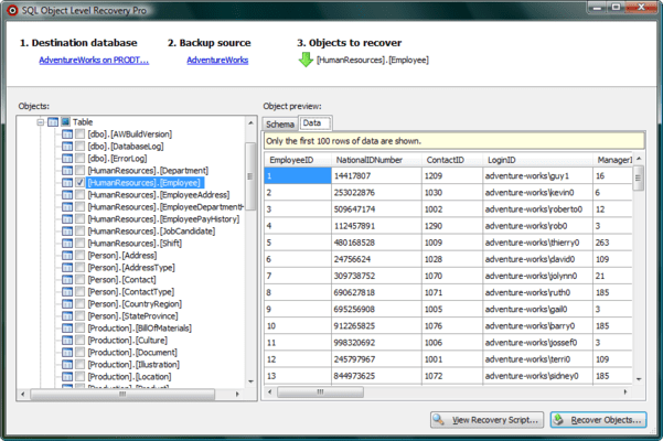 Screenshot of SQL Object Level Recovery Native