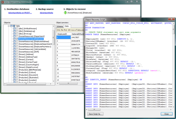 Screenshot of SQL Object Level Recovery Native