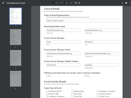 Custom PDF General Details form with responses