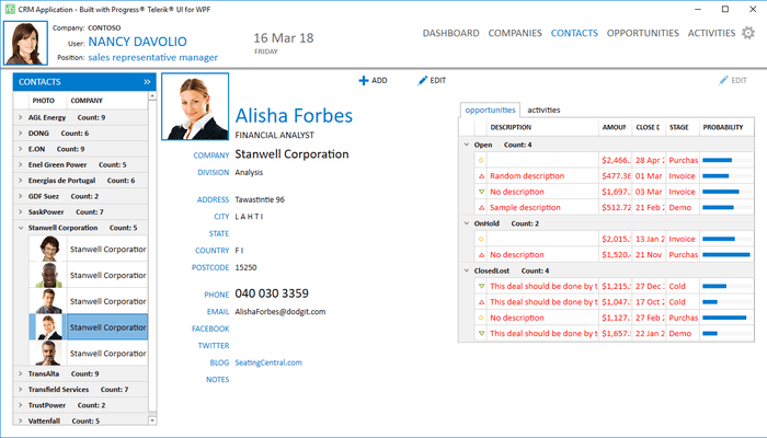 Telerik UI for WPF - CRM Contacts Page