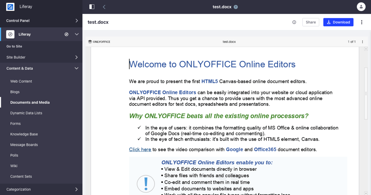 ONLYOFFICE Docs Enterprise Edition with Liferay Connector v7.1.0 (2.2.0)